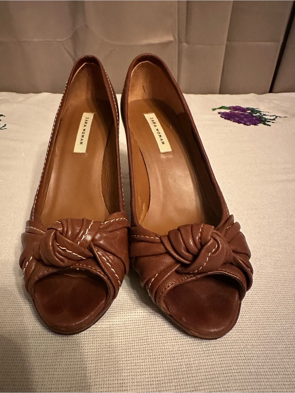 Zara Brown Knotted Leather Peep-Toe Heels